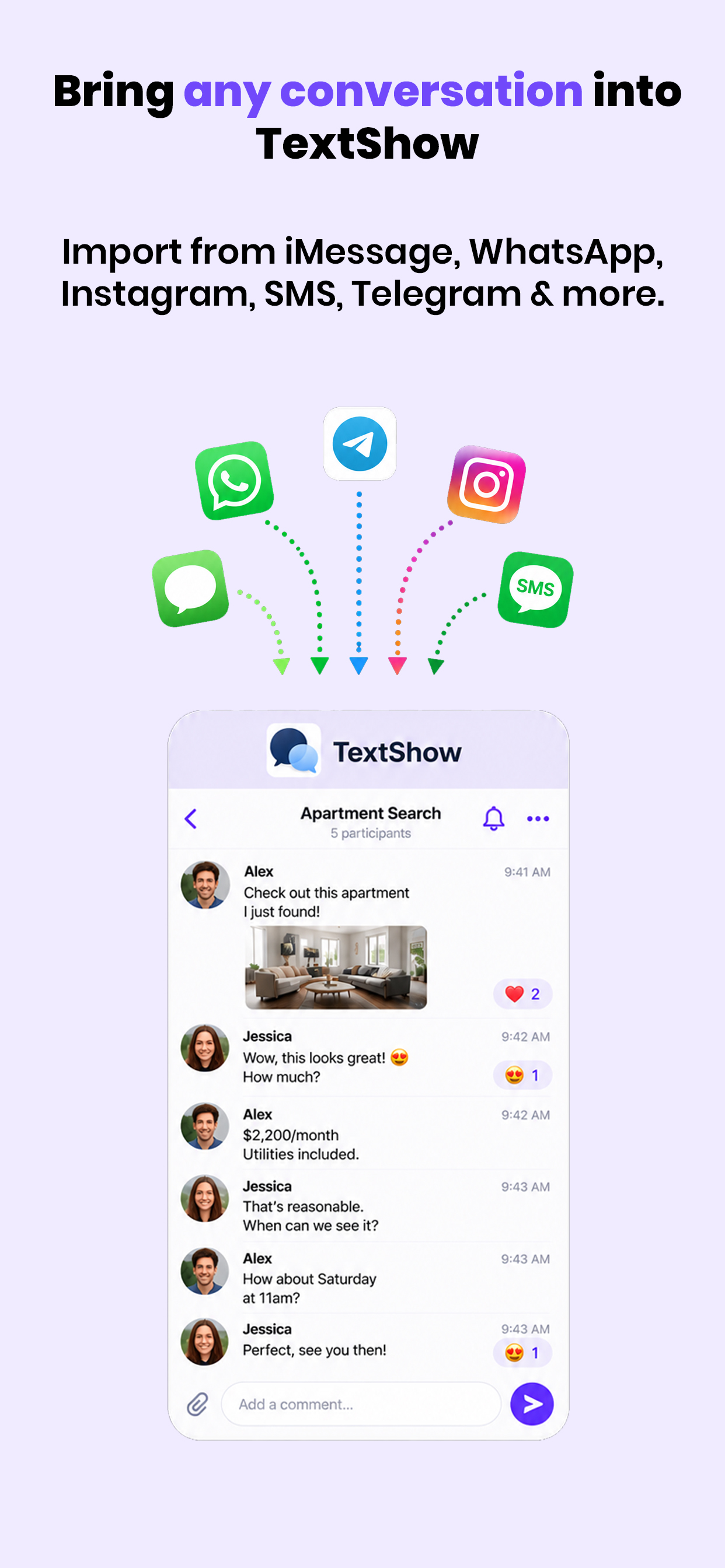 Conversations from messaging apps brought into TextShow
